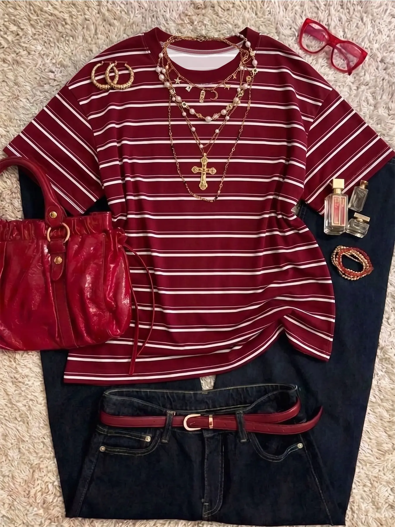 Women's Casual Striped Round Neck T-Shirt, Perfect for Holidays, Valentine's Day, Y2K Style, Travel, Everyday, Comfortable and Stylish
