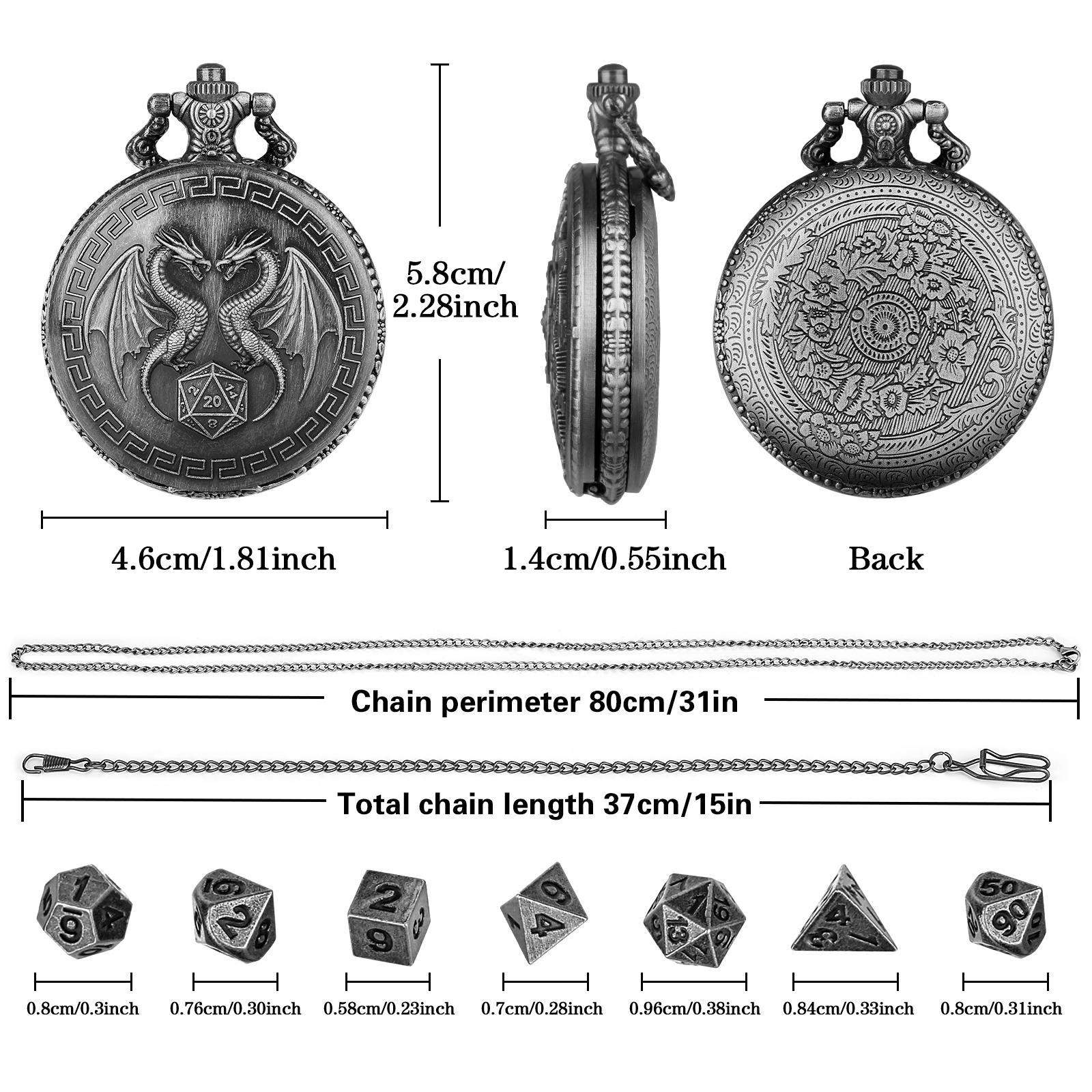 Durable Dragon Pattern Dice Set, Dnd Metal Dice, Polyhedral Dice Set, 1 Set Dice with Chain & Watch Case, Role Playing Game Accessories, Tabletop Games for Party, Family, Friends