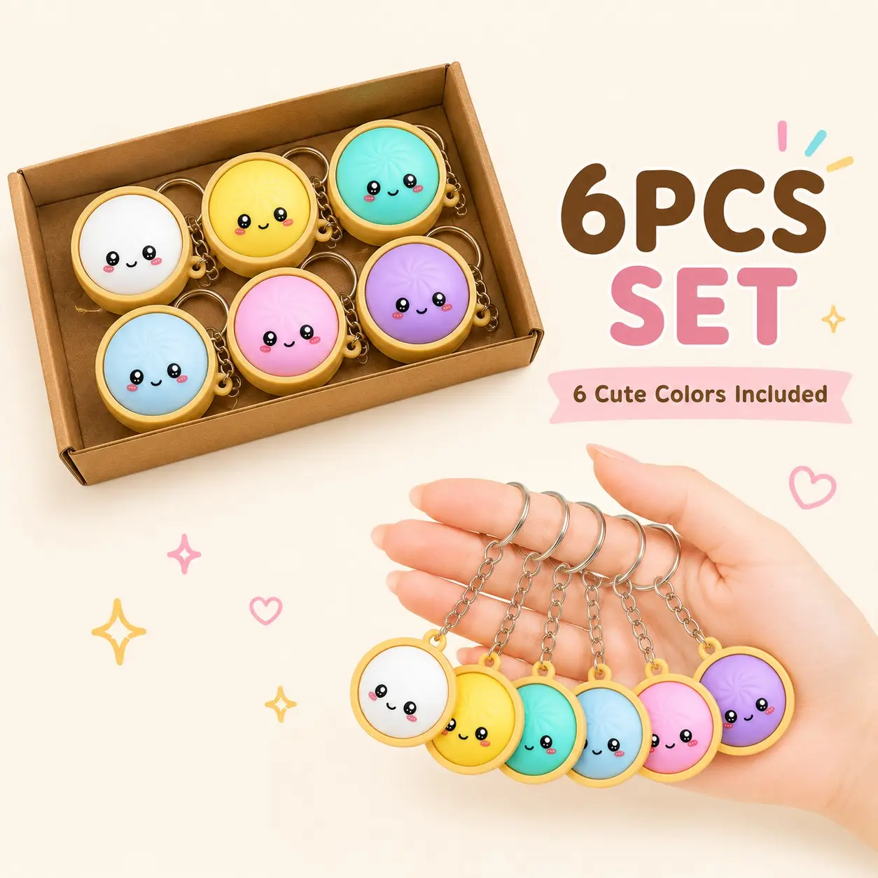 6PCS Colorful Dumpling Keychains, Cute Mini Kawaii Food Charm Set, Bun Pendant Key Rings for Bags, Keys, Backpacks, Purses, Goodie Bags, Party Favors and Gifts for Adults