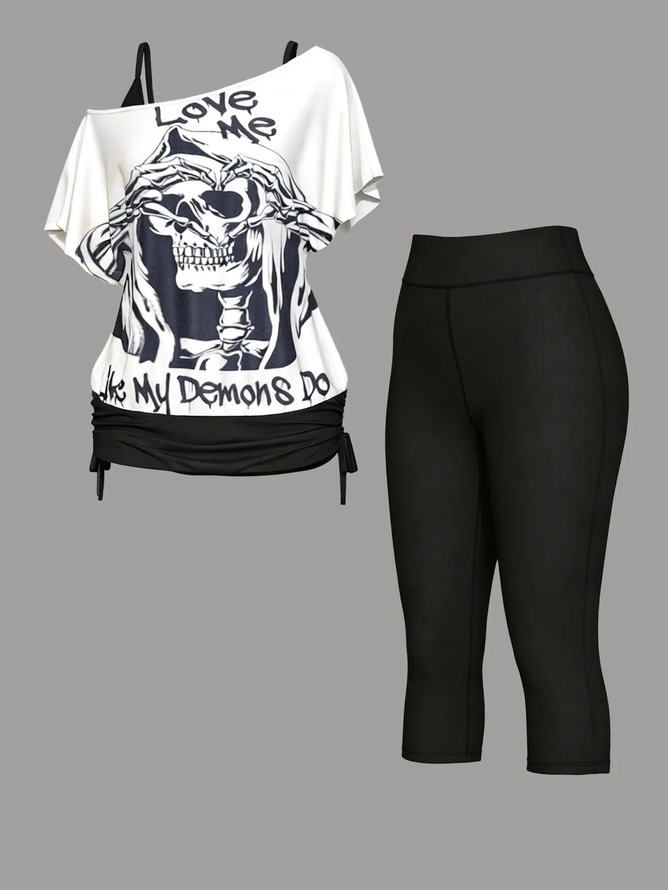 Women's New Two-Piece Set, Fashion Slim-Fit Gothic Style, Valentine's Day, Skull Print Top and Pants, Casual Wear