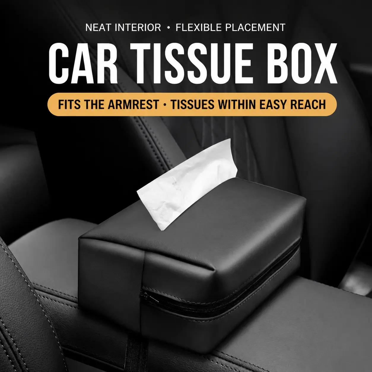 PU Leather Car Tissue Box Holder, Refillable Armrest-Mount Tissue Dispenser with Adjustable Strap, Compact Auto Interior Organizer