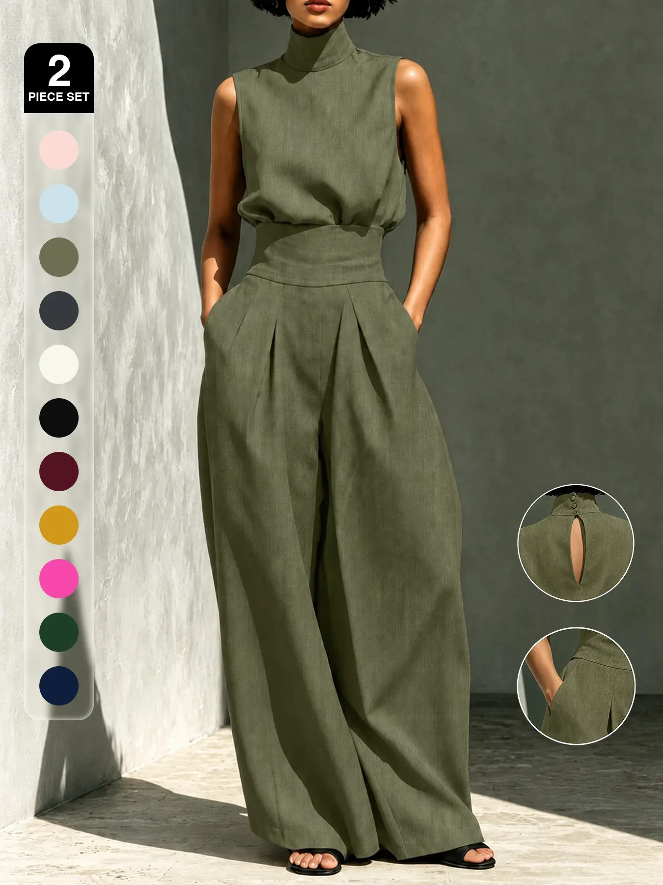 French Luxury Stand Collar Sleeveless Top + High Waist Wide Leg Pants Set, Plain Casual Pajama Set, Spring & Fall Fashion
