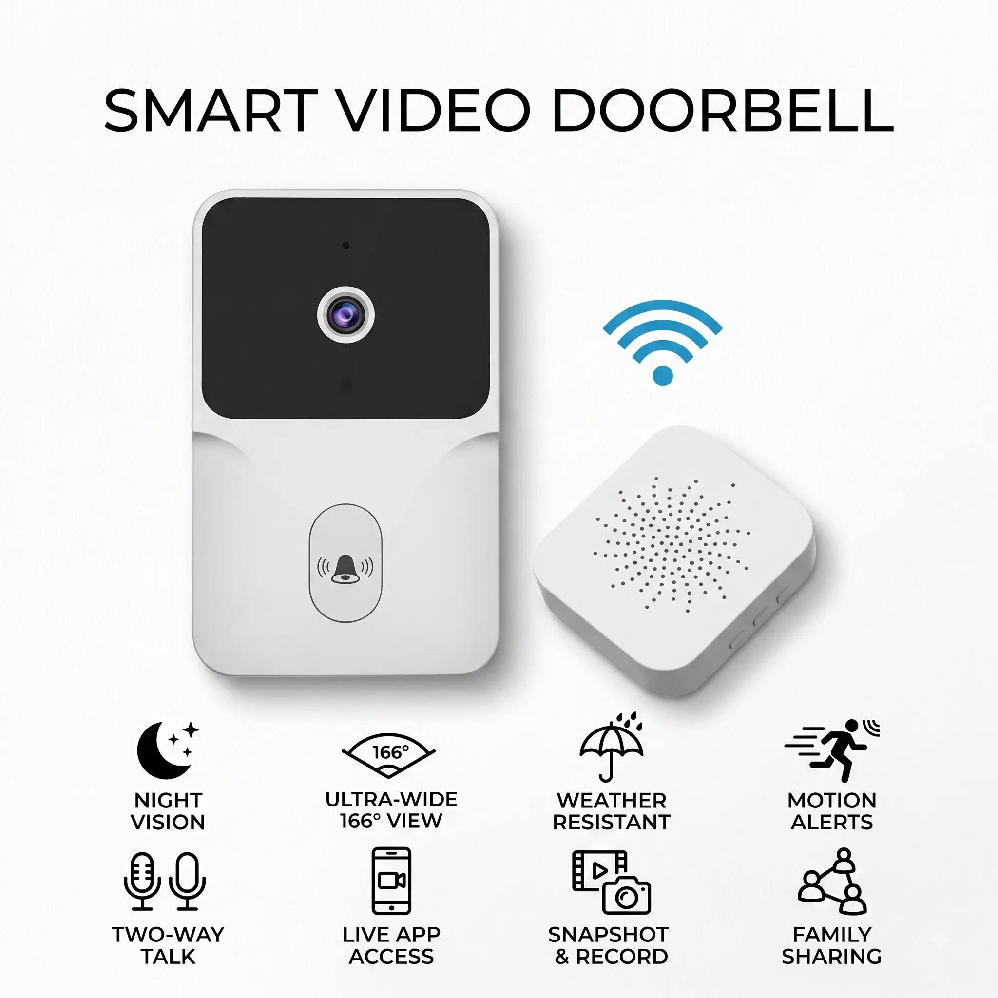 Smart Video Doorbell with Indoor Chime, Wireless WiFi Doorbell Camera, Two-Way Talk, 166° Ultra Wide View, Night Vision, Motion Alert, Weather Resistant, Home Security Front Door Monitor for House & Apartment