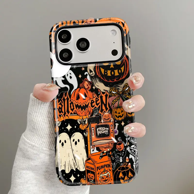 Spooky Halloween Pattern Dual-Layer 2-in-1 Glossy Film Screen Protector & Casing, Durable Shockproof Silicone TPU Mobile Phone Accessory Compatible with iPhone 17/16/15/14/13/12/11 Pro Max Plus Air E