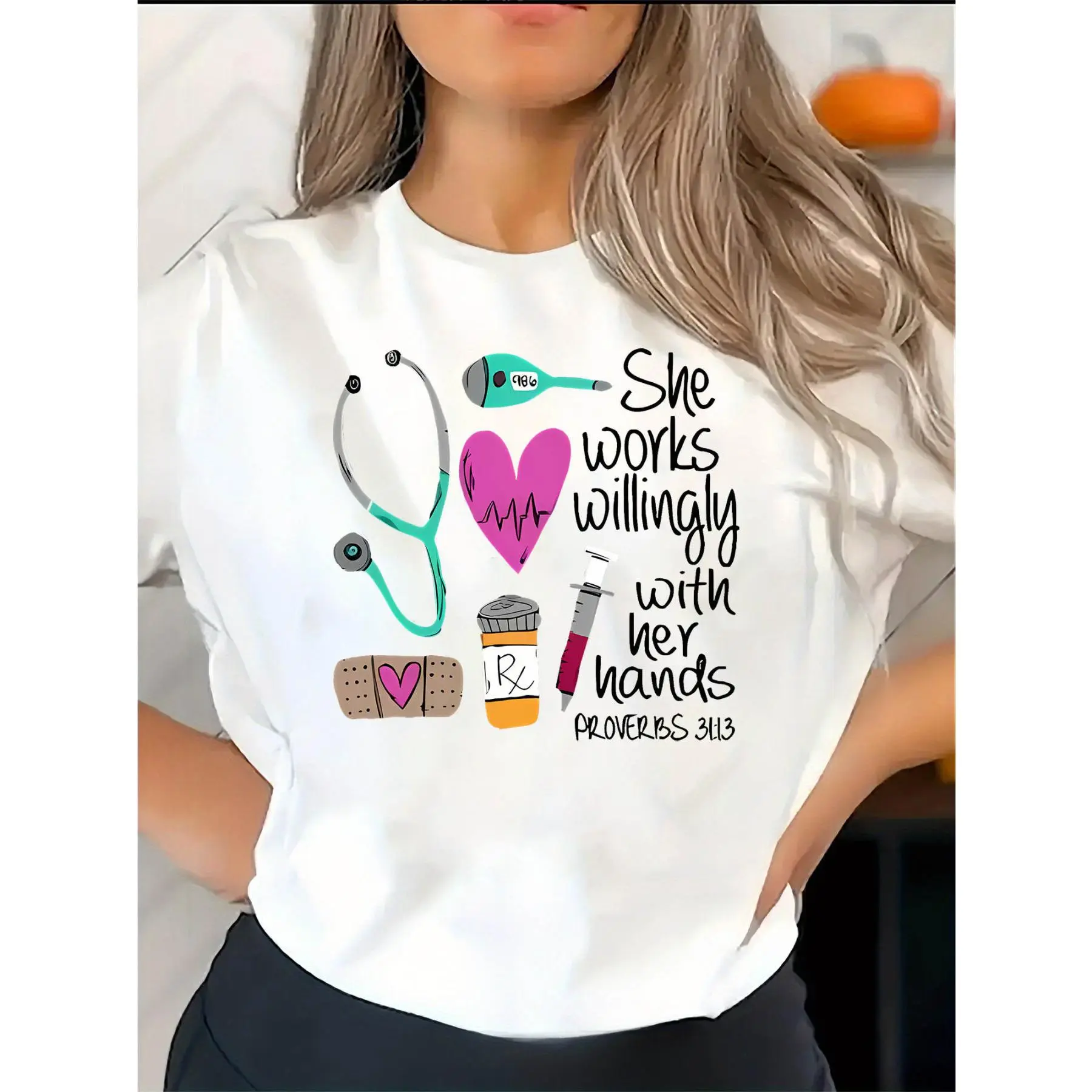 Wo White Nurse Style Pattern T-shirt| 'She Does Things with Her Hands' Design, with Symbols, Elastic Casual Crew Neck T-shirt, Suitable for Health Care Workers, Comfortable Casual Wear in Summer, camisetas de mujeres,cotton graphic tees