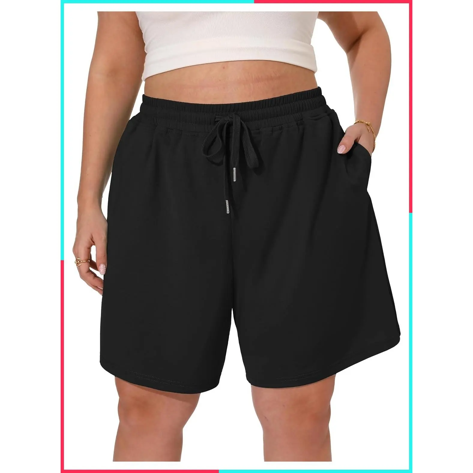 Women's Plus Size High Waisted 8 Inch Bermuda Sweat Shorts with Pockets - Summer Athletic Walking Shorts