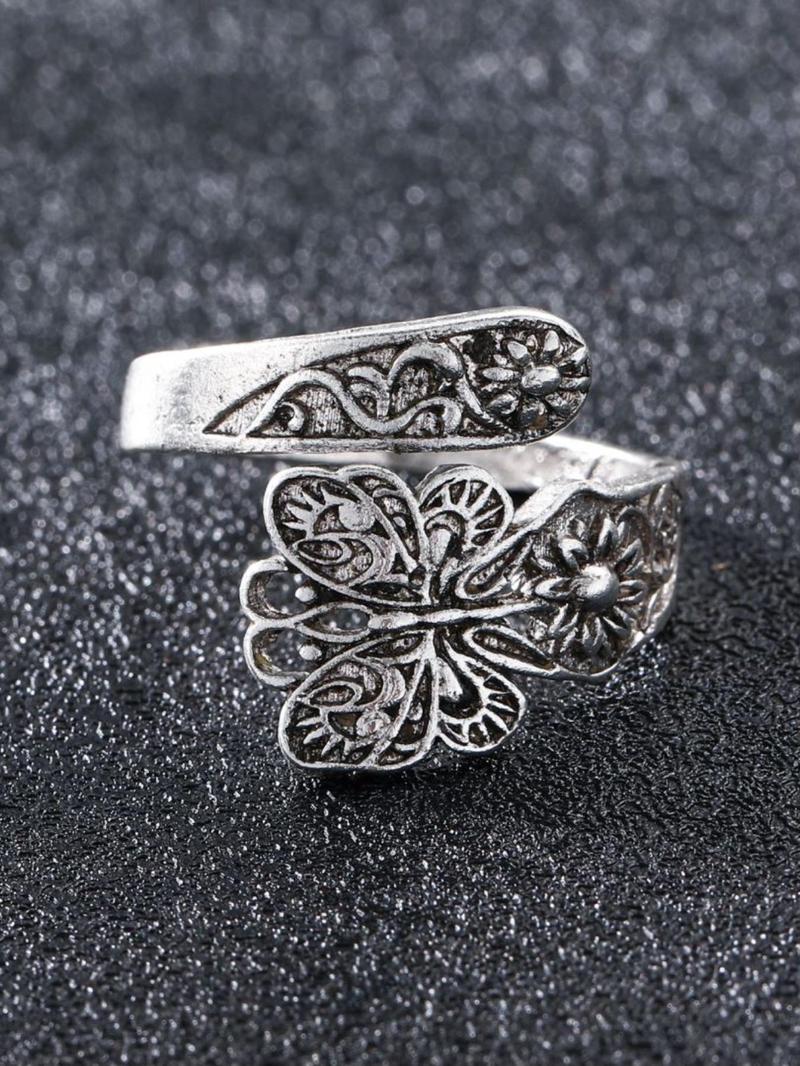 Vintage Butterfly & Sunflower Design Cuff Ring, 2024 New Dainty Jewelry for Daily Clothing Decor, Party, Minimalist Aesthetic Jewelry Gift for New Year, Surprise Ring