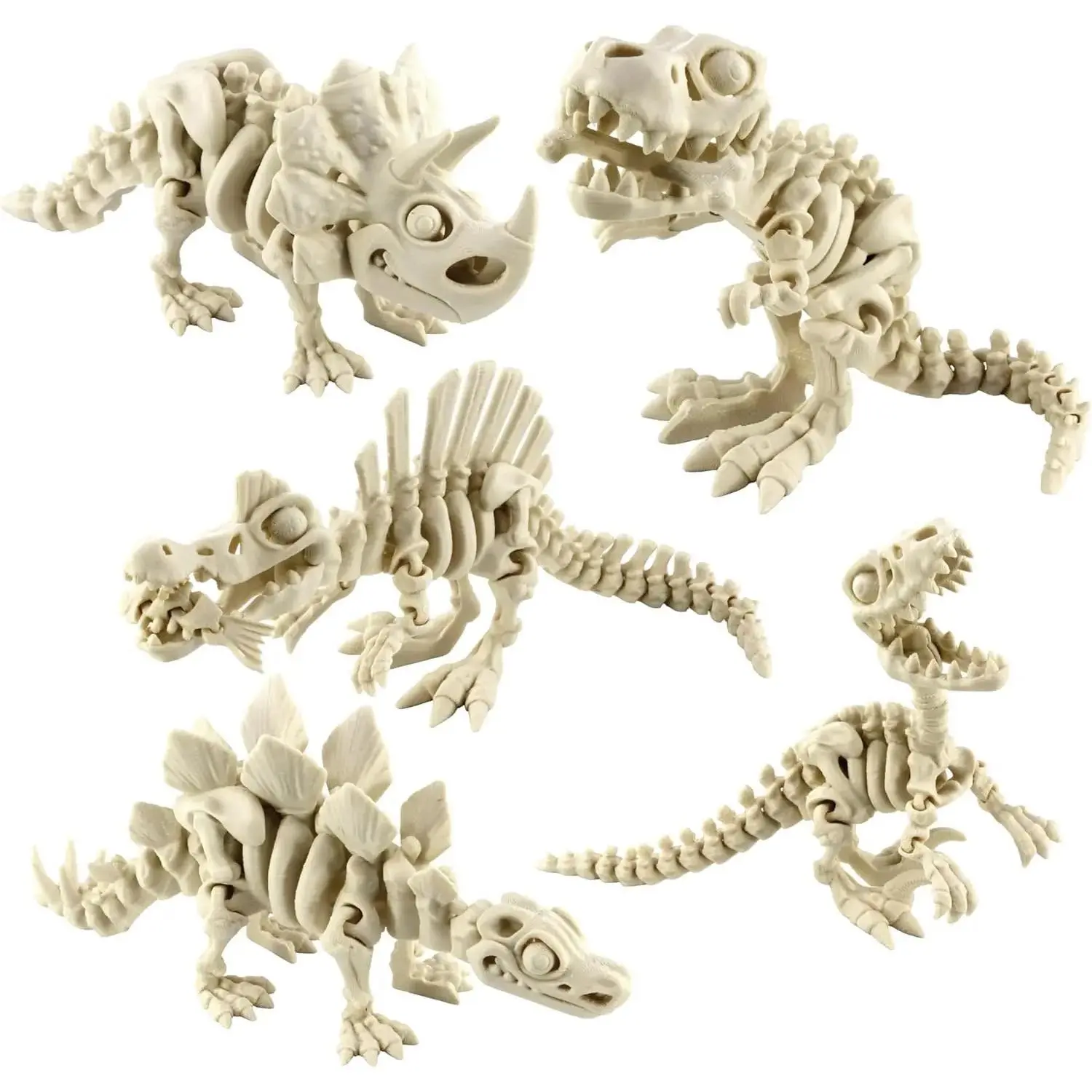 5PCS 3D Printed Dinosaur Skeletons, T-Rex Triceratops Stegosaurus Velociraptor Spinosaurus Fidget Toys, 3D Printed Dragon Animals Toys, Articulated 3D Figurine Stress Relief Toy (Bone White)