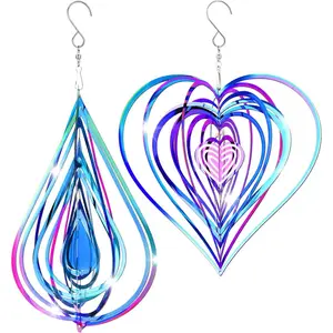 2 Pcs Reflective Wind Spinners Outdoor Stainless Steel Bird Woodpecker Devices Deterrent 3D Metal Hanging Wind Spinners for Women Gifts Garden Decor Yard Patio Farm, Heart, Water Drop(Colorful)Wind Spinner Mandala 3D