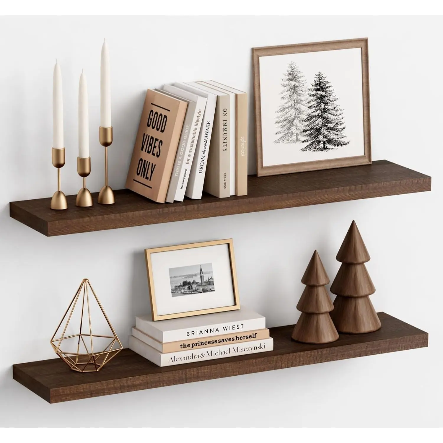 36 Inch Floating Shelves for Wall Set of 2, Large Long Wall Shelves for Living Room Decor, Walnut Brown Wooden Hanging Shelves for Bedroom Kitchen Bathroom Office Books Pictures (Dark Wood)