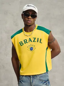 Men's Color-Blocked Sleeveless Vest, Retro Sporty Style with Brazilian Flag and Letter Print, Loose-Fitting Short Vest, Suitable for Football, Street Style, Everyday Fitness Wear.