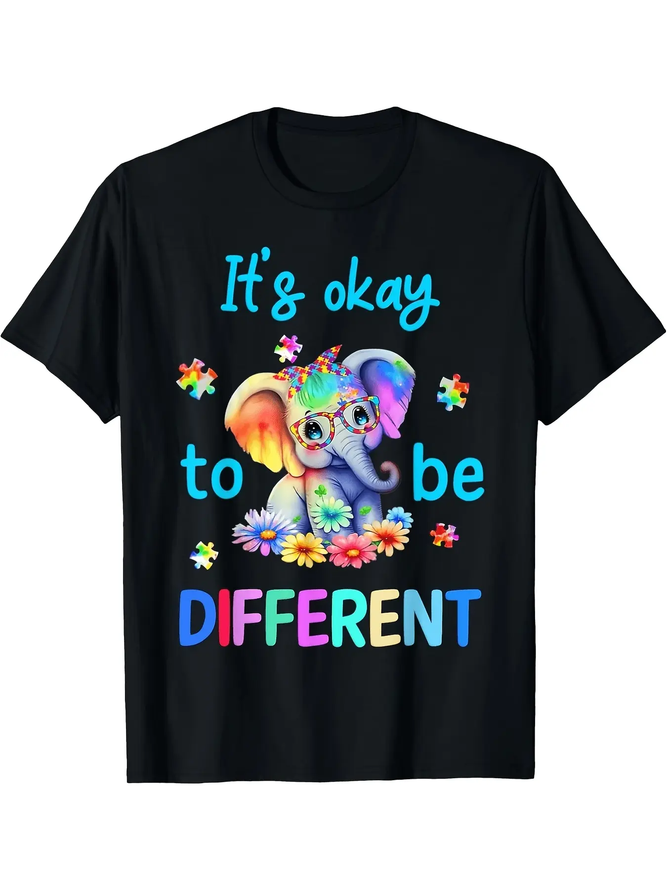 Embrace Individuality ShortSleeved TShirt Vibrant Black Tee with Colorful Cartoon Baby Elephant Design Featuring Puzzle Pieces And 'It's Okay to Be DIFFERENT' Message in Rainbow Colors PlusRetro Casual Short-sleeved T-shirt with a Round Neck
