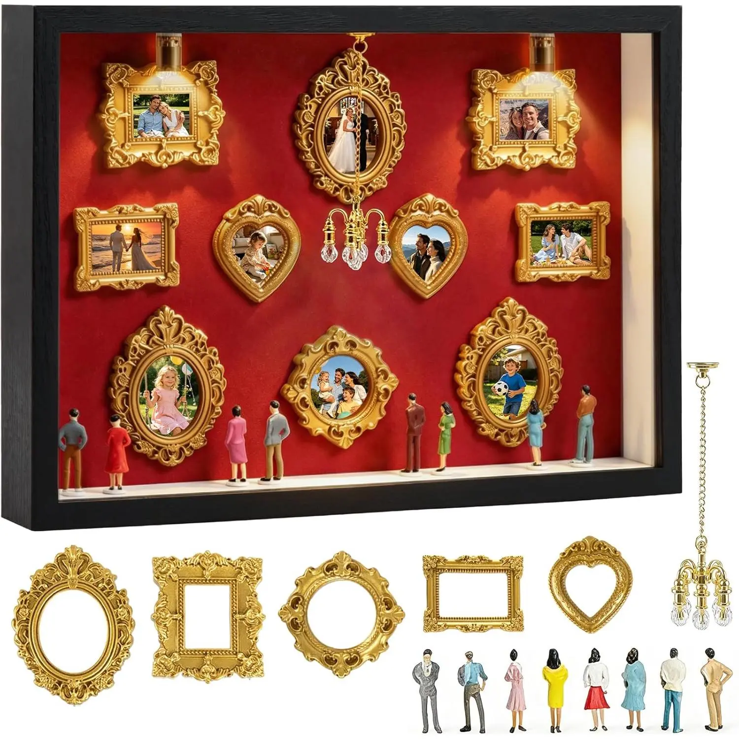 DIY Mini Museum Silhouette Box, Shadow Box Frame Kit with Gold Mini Picture Frames & Figurines, Personalized Photo Family Memory Display Case for Anniversary, Wedding, Birthday Home Decor (Red)