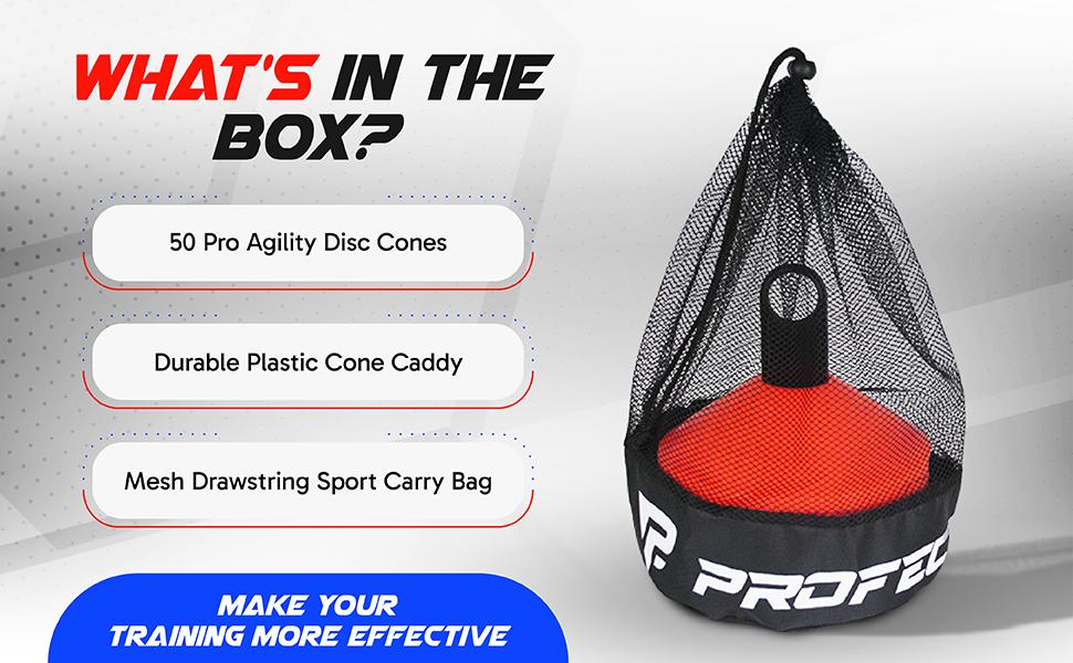 Pro Disc Cones (Set of 50) - Agility Soccer Cones with Carry Bag and Holder for, Football,, Sports, Field Cone Markers - Includes Top 15 Drills Book