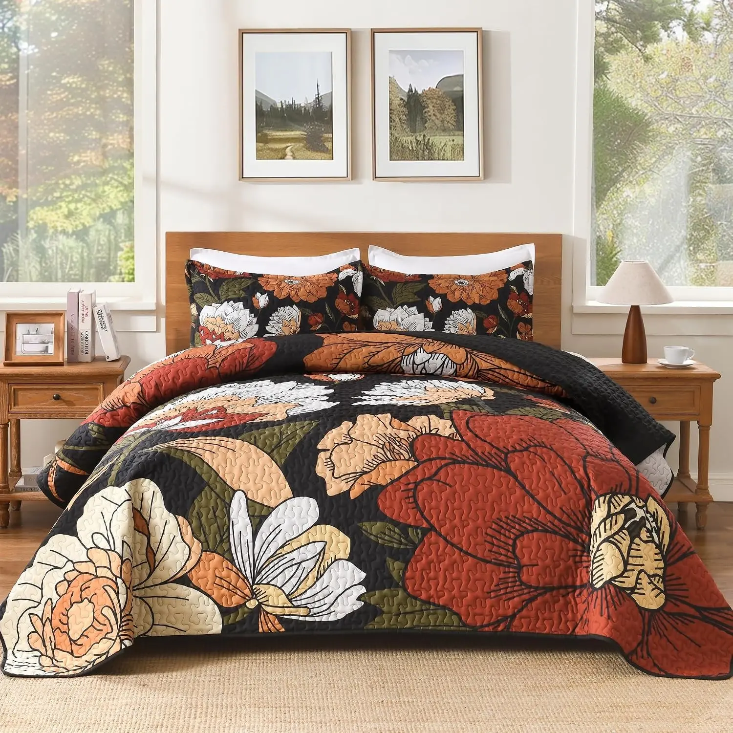 3-Piece Polyester Bed Set - King Size Black Floral Boho Reversible Coverlet with 2 Shams, Brown Flower Botanical Design, All-Season Use, 106"x96", Rectangular