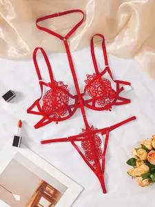 Women's Sexy Lingerie Set with Bra and Thong, Embroidered Cutout Design, Vacuum Transparent, Party Wear, Sleepwear, Gift for Boyfriend