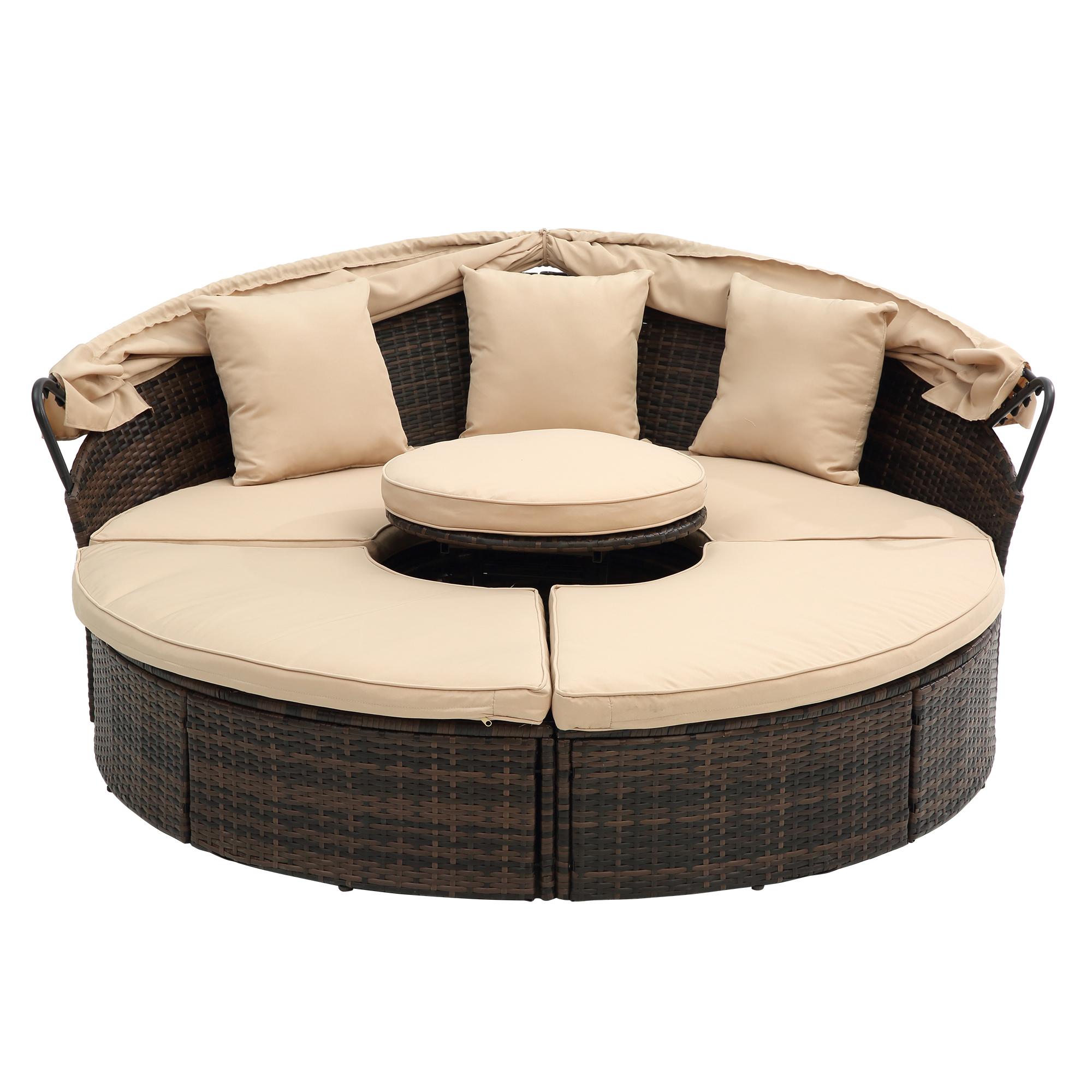 ARCH Hot Sale KD Rattan Round Lounge With Canopy Bali Canopy Bed Outdoor, Wicker Outdoor Sofa Bed with lift coffee table ARCH Hot Sale KD Rattan Round Lounge With Canopy Bali Canopy Bed Outdoor, Wicker Outdoor Sofa Bed with lift coffee table