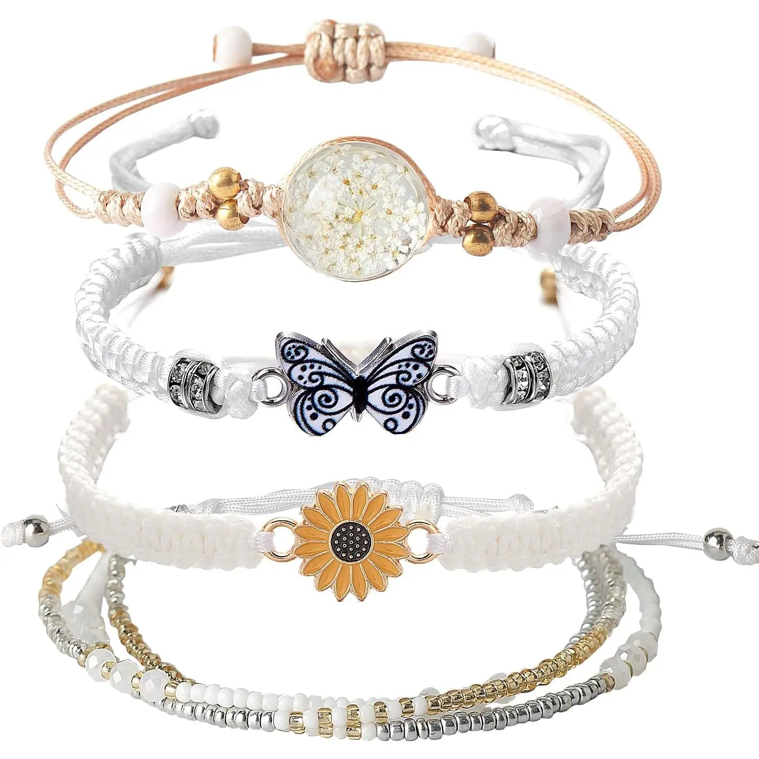 4 count Braided Charm Bracelets for Teen Girls Adjustable Birthday  | Daily/Party Wear,Rope Craft,Butterfly Daisy,Eternal Flower,Cartoon,Stretch,Fits Women/Girls,Dainty ,Frienhip