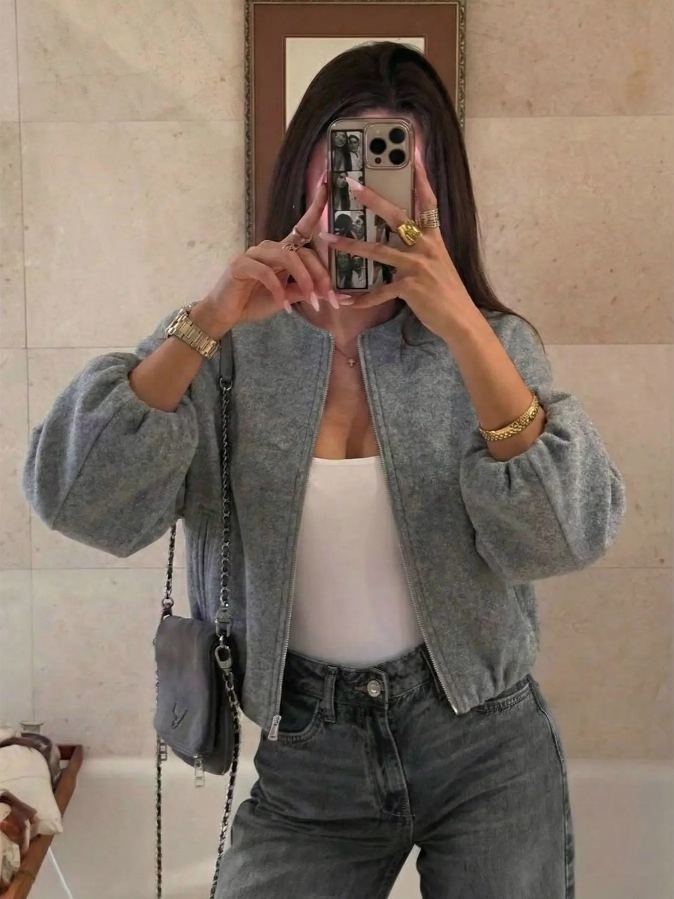 Light gray Women's Retro Short Zip-Up Jacket, Loose Fit Puff Sleeves, Stand Collar Gray Top, Suitable for Shopping, Dates, or Lounging at Home