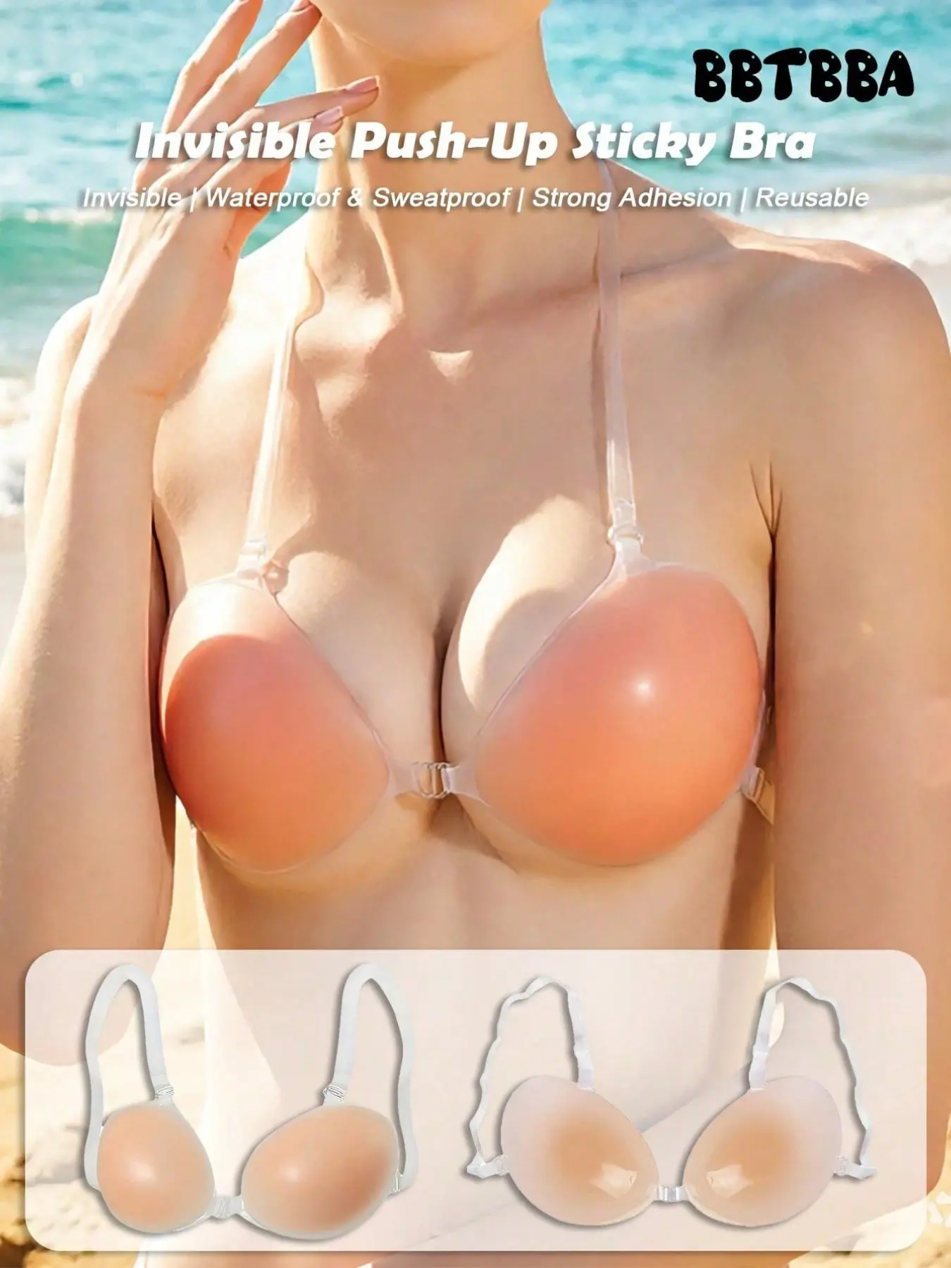 Invisible Wedding Bra, Deep V Push-Up Fit, Transparent Shoulder Strap, Backless Design, Strong Adhesive, Breathable, Ultra-Thin Silicone, Bridal Dress Compatible