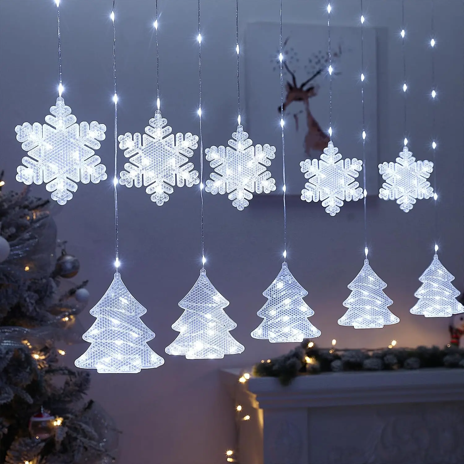 Christmas Window Lights Indoor - 2M 160 LED Christmas Window Decorations, Snowflake Curtain  Fairy String Icicle Lights for Xmas Noel Bedroom Holiday  Outdoor, Cold White USB