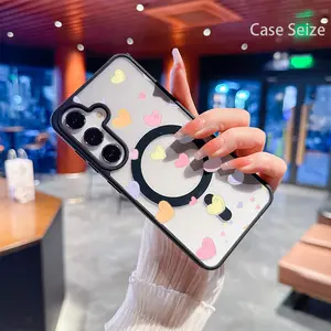 Phone Case: Colorful Pastel Hearts Floating in Dreamy Soft Tone Pattern Black Border Magnetic Phone Case, Anti-Yellowing, Slim Lightweight & Bare Feel, Luxury Premium Design for Samsung Galaxy S22 S23Fe S24 S25 Plus Ultra