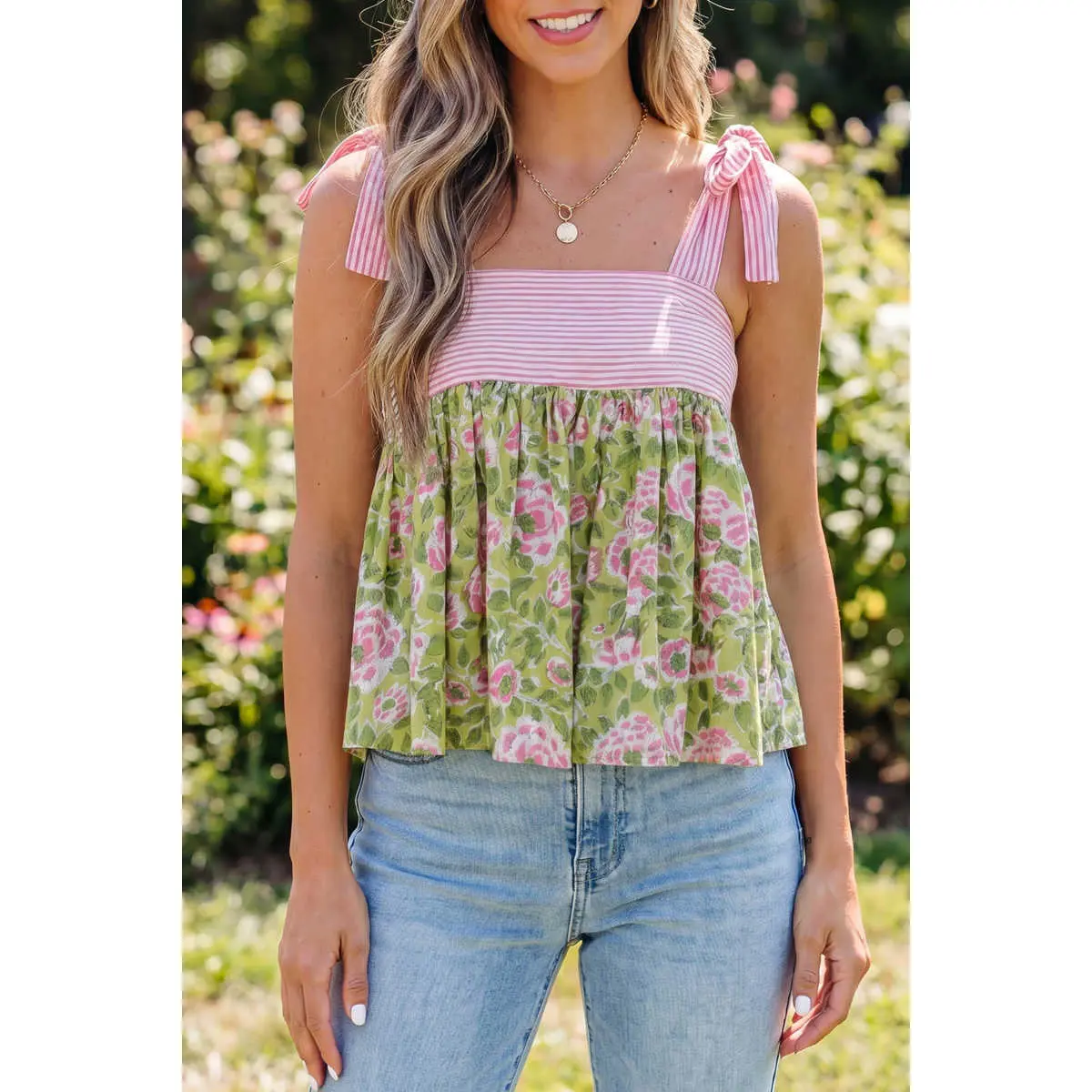 Women's Tie Shoulder Tank Top, Bohemian Floral Stripe Babydoll Cami, Feminine and Comfortable Loose Fit for Summer, Stripes, Knot, Everyday, Patchwork