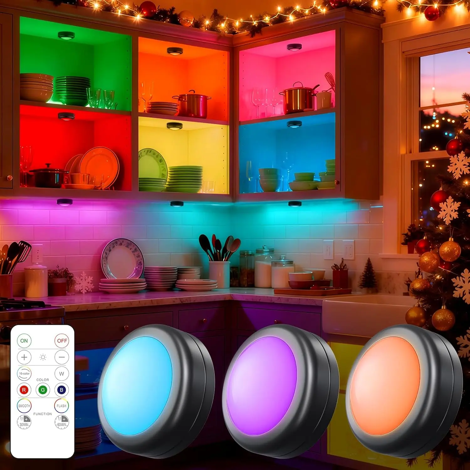 Yiliaw Pack LED Puck Lights Remote Control 16 Color Changeable Under Cabinet Lights, Battery Operated Lights Night Light with Dimmer & Timmer for Closet Bedroom Kitchen, kitchen counter accent lighting, wardrobe closet interior lights, Black White T024