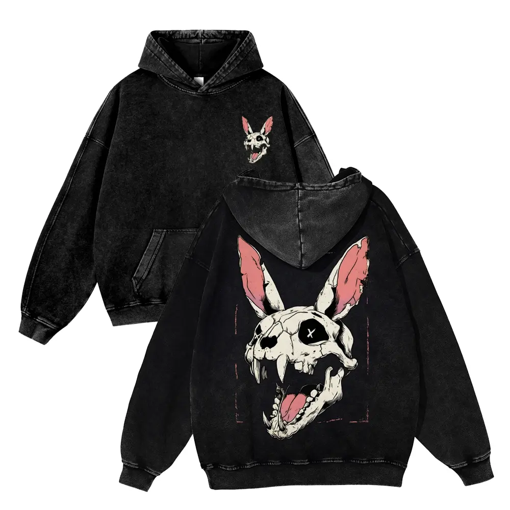 Unisex Goth Skull Bunny Graphic Cotton Hoodie - Vintage Acid Wash, Oversized, Creepy Cute, Casual Spring Men's Tops with Comfortable Fit (Streetwear Style)