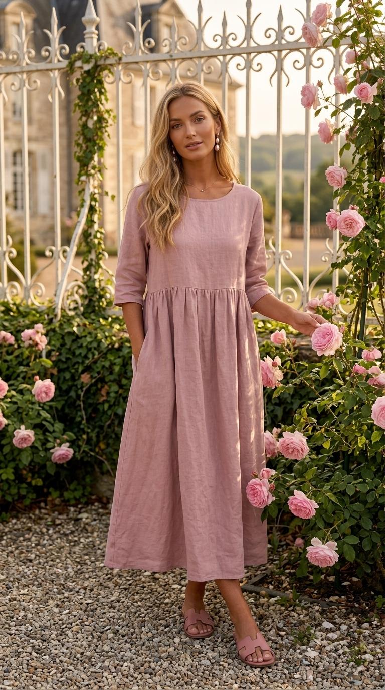 2026 Spring/Summer Round Neck 3/4 Sleeve Plus Size Casual Loose Long Solid Color Cotton Linen Dress