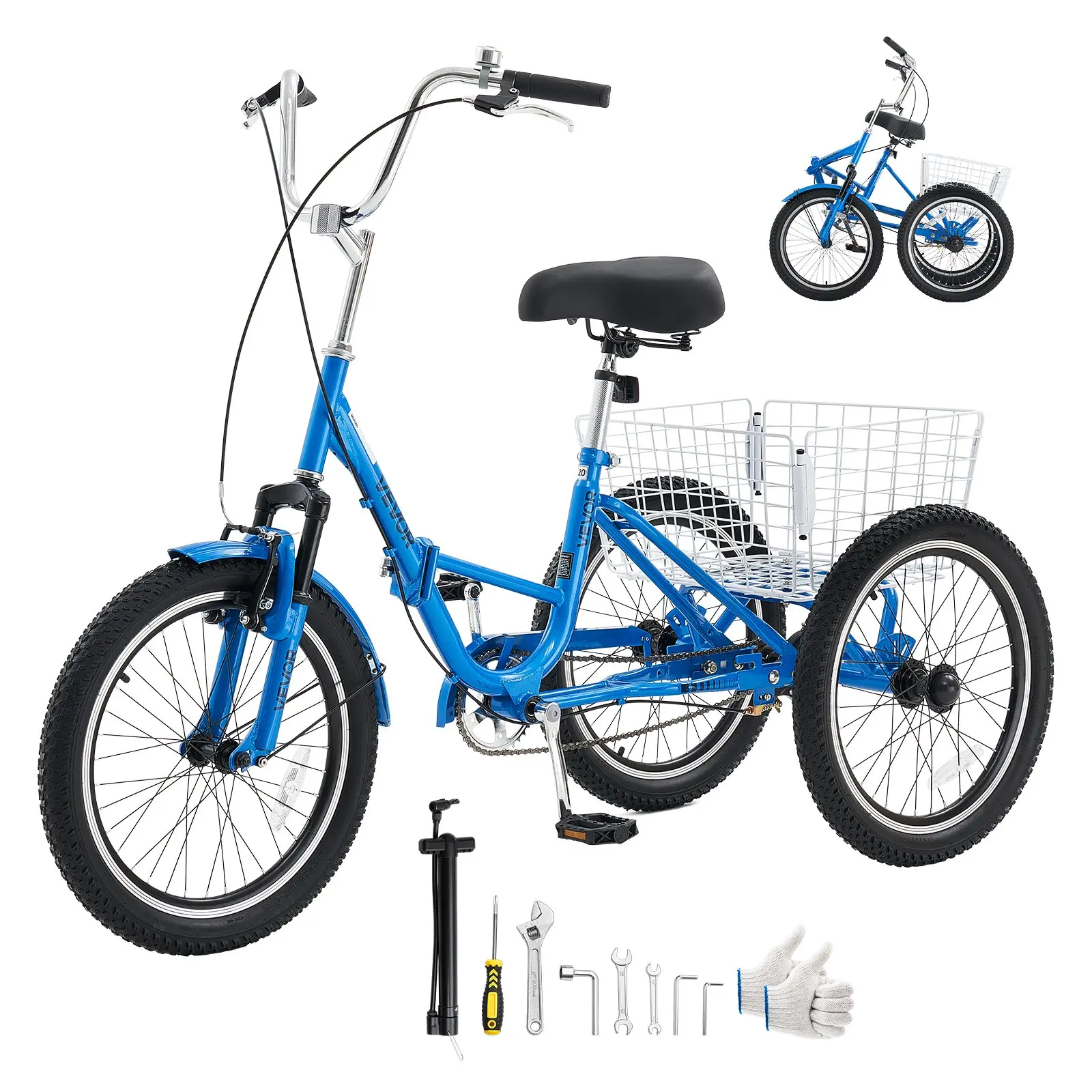 VEVOR Folding Adult Tricycle - 20in Foldable Frame Cruiser Bike with Adjustable Seat, Double-Wall Rims, Cargo Basket, for Seniors, Shopping & Picnic Use