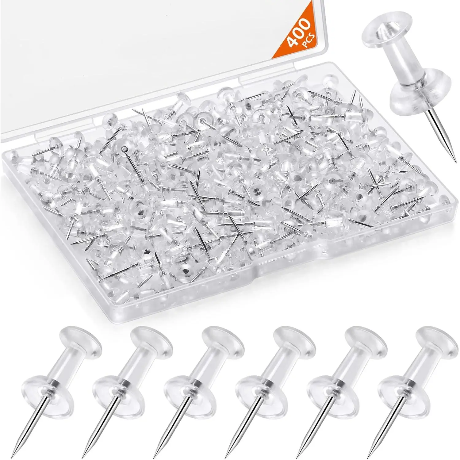 400 count Push Pins Tacks, Thumb Tacks for Wall, Clear Plastic , Steel Point, Decorative Push Pins, Standard Thumb Tacks for Bulletin Board, Corkboard, Map, Calendar, Photo, , Office