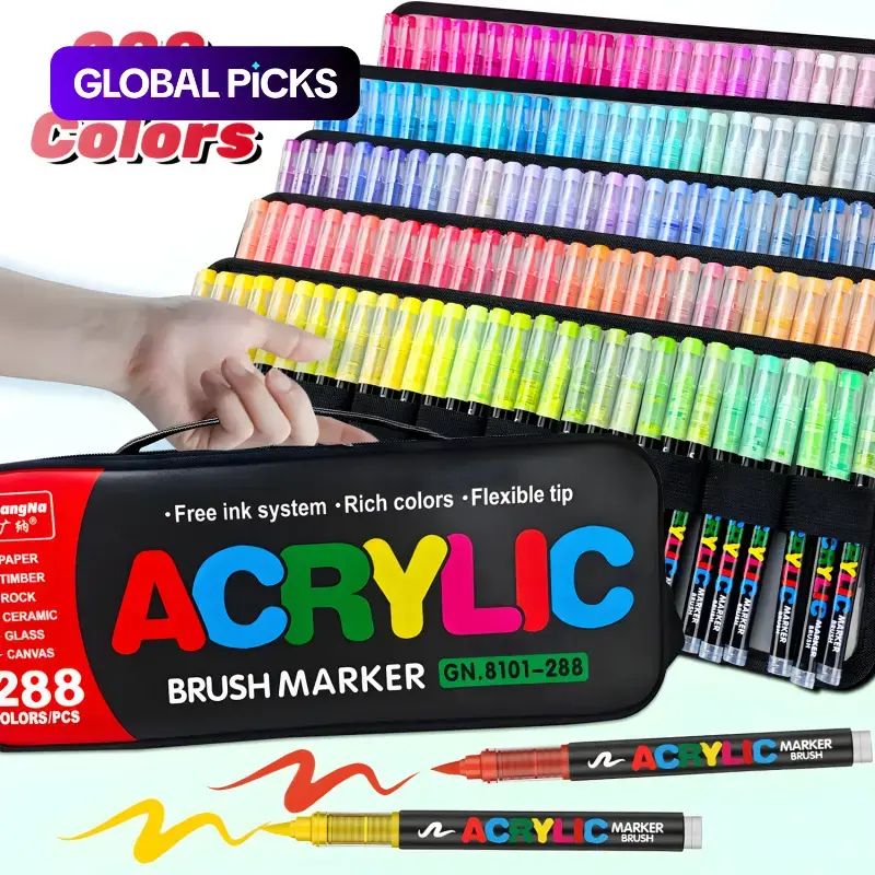Guangna Automatic Ink Control Acrylic Paint Markers, Brush Tip Acrylic Paint Pens for Wood Rock Glass Canvas Stone Fabric Glass Metal Ceramic Canvas DIY Crafts Art Supplies Gifts Art Marker Set #GLOBAL PICKS