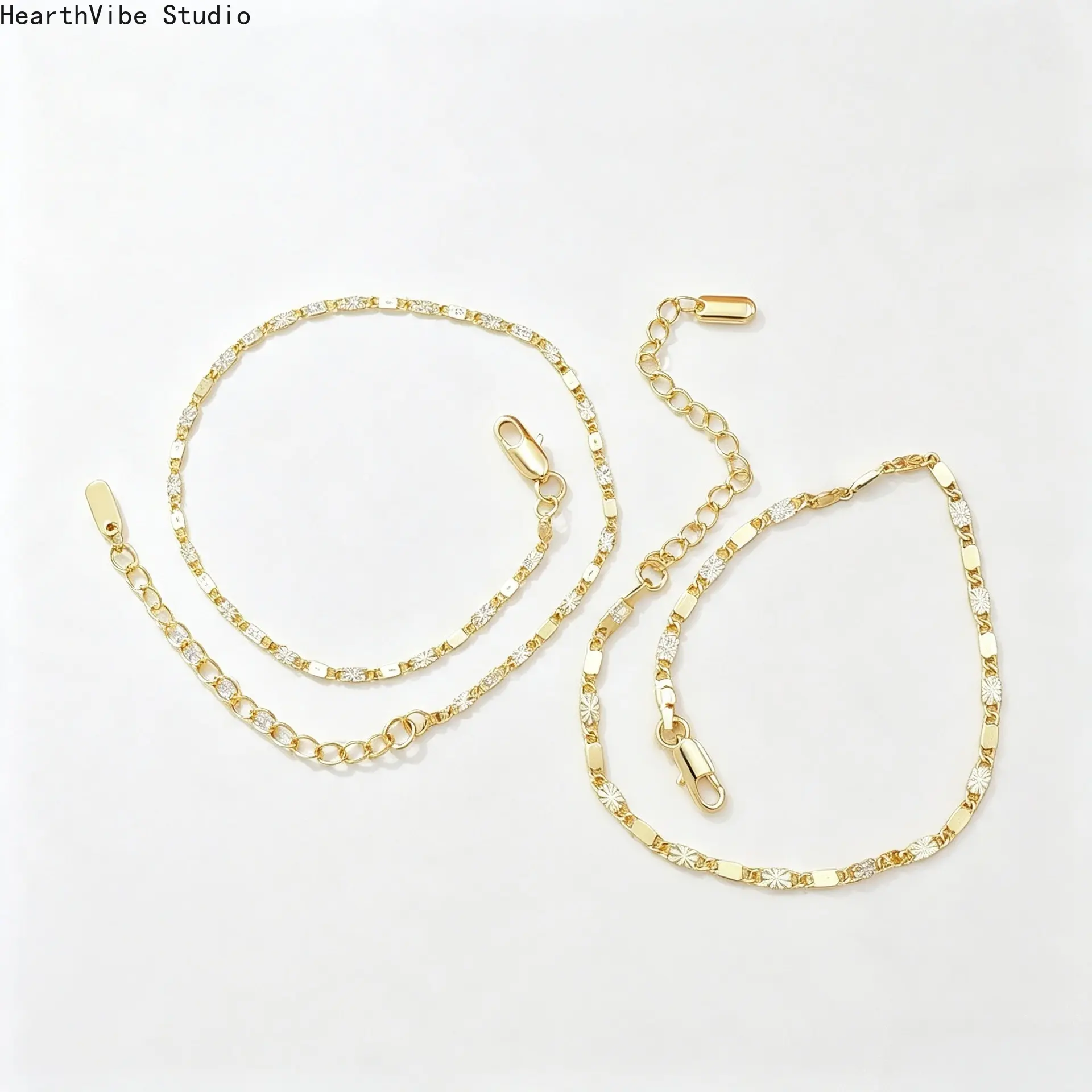 Vintage Starburst Engraved Flat Chain Bracelet Set for Women, 14K Gold Plated Textured Link Anklet, Adjustable Dainty Foot Jewelry with Clasps, Elegant Summer Beach Gift