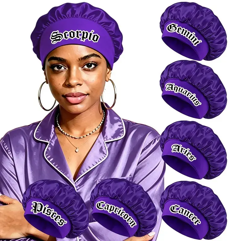 Zodiac Satin Hair Bonnet for Women, Purple Wide‑Band Sleep Bonnet with Edge Guard, Ideal for Natural Curly Hair & Braids