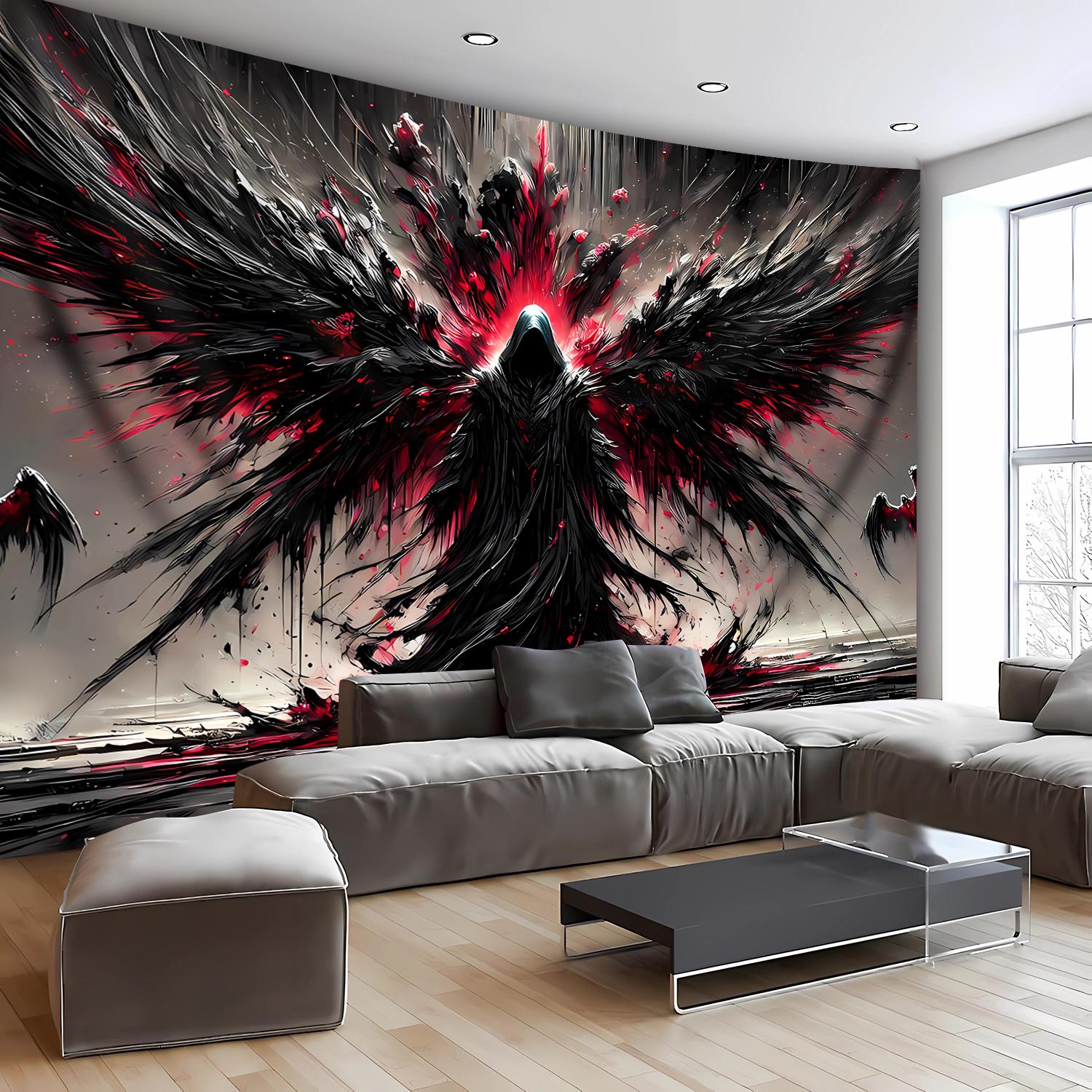 1pc Ultra Large Fantasy Gothic Tapestry - Black Robe Wings & Red Accents HD Digital Print, Premium Polyester Wall Hanging with Wrinkle-Resistant Fabric & Hanging Clips for Living Room, Bedroom, Party Decor, Gothic Decor