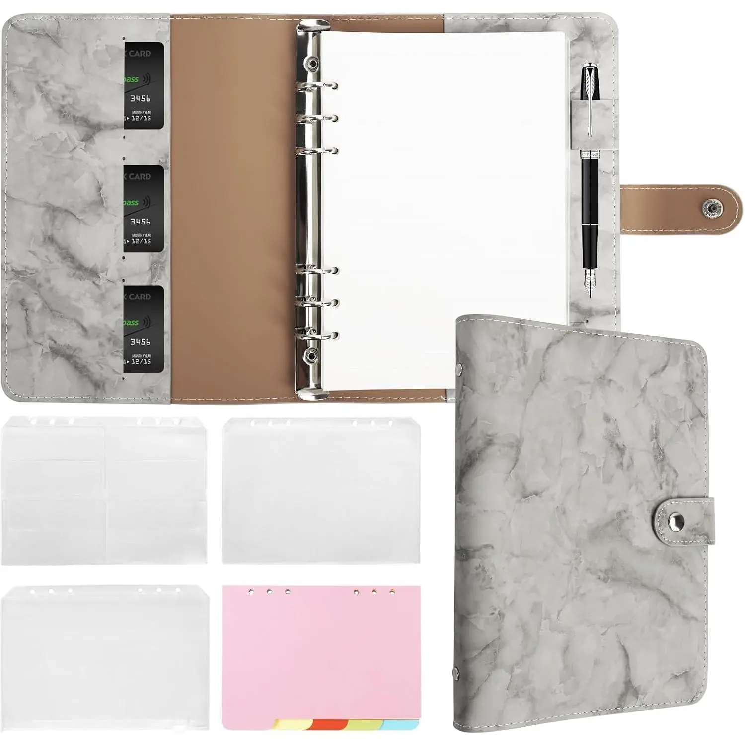 A5 Binder Refillable Planner Notebook 6 Ring PU Leather Binder Journal with Pockets, Dividers, Refill Paper Marble Grey