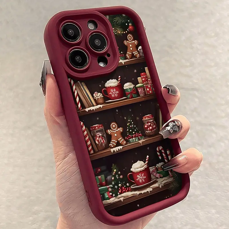Christmas Gingerbread Hot Cocoa Phone Case for iPhone 13 14 15 16 17 Pro Max Burgundy Frame Holiday Scene TPU Shockproof Anti-Drop Full Coverage Protective Cover