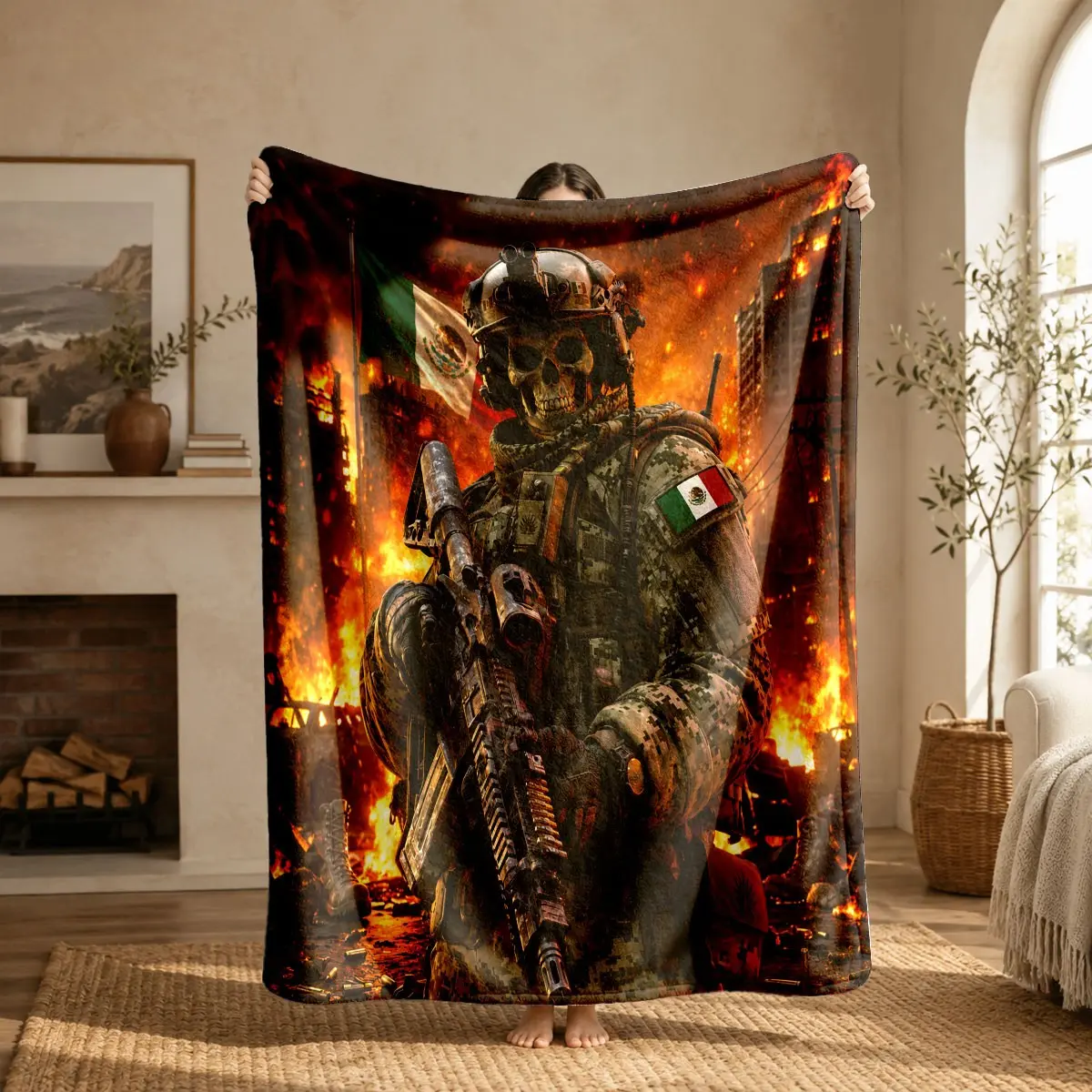 Soft Mexican Skull Soldier Print Flannel Blanket, Warm and Comfortable, Ideal for Bed, Sofa, Office, Camping, Travel