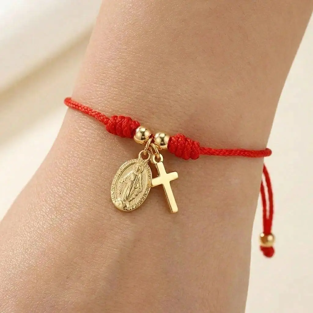 Wear Your Faith Daily, Red Cord Cross Bracelet with Virgin Mary Charm, Meaningful Christian Catholic Gift for Loved Ones Red String Christian Bracelet, Adjustable Cord Bracelet with Cross Charm & Virgin Mary Medal, Faith Jewelry Gift for Women Men