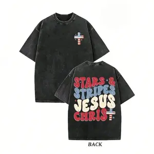 Christian Jesus Christ Graphic T-Shirt Unisex Vintage Mineral Wash Tee, Retro Stars Stripes Patriotic Cross Top, 4th of July Faith Gift