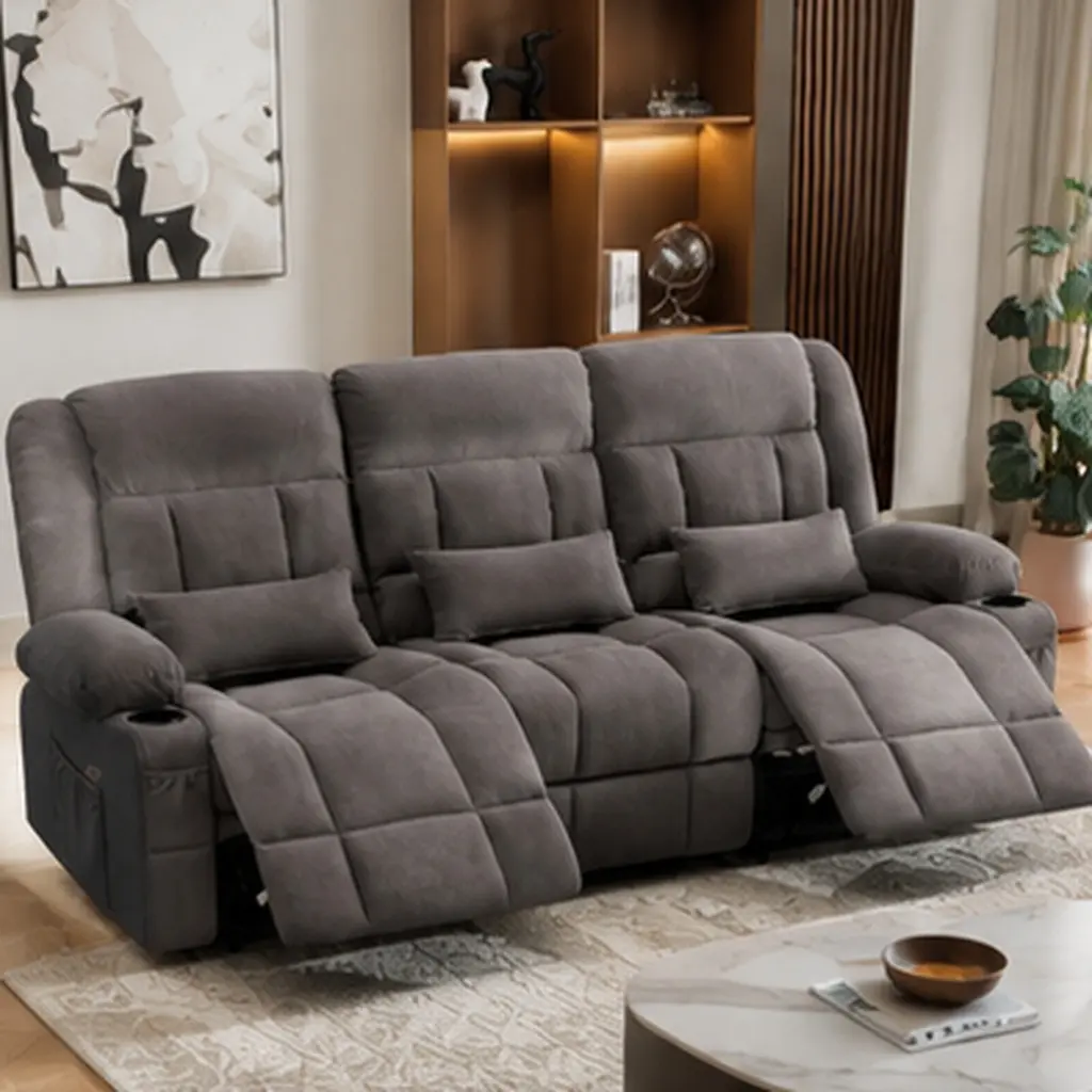 ARCH 84" Modern Sturdy Manual Reclining 3-Seat Sofa - 84.25" W x 34.64" D x 41.14" H, 990 lbs Capacity, Breathable Fabric Upholstery, Cup Holders, Side Pockets, Storage, Lumbar Pillow, Metal Frame, Living Room Home Theater, Multi-Color (Blue/Brown/Grey)