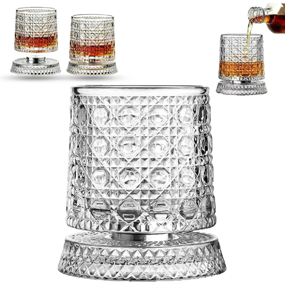 360° Rotating Whiskey Glass, Crystal Diamond Cut Whiskey Tumbler with Spinning Base, Unique Bourbon Glass Gift Set for Men, Dad, Husband, Whiskey Lovers, Bar Accessories