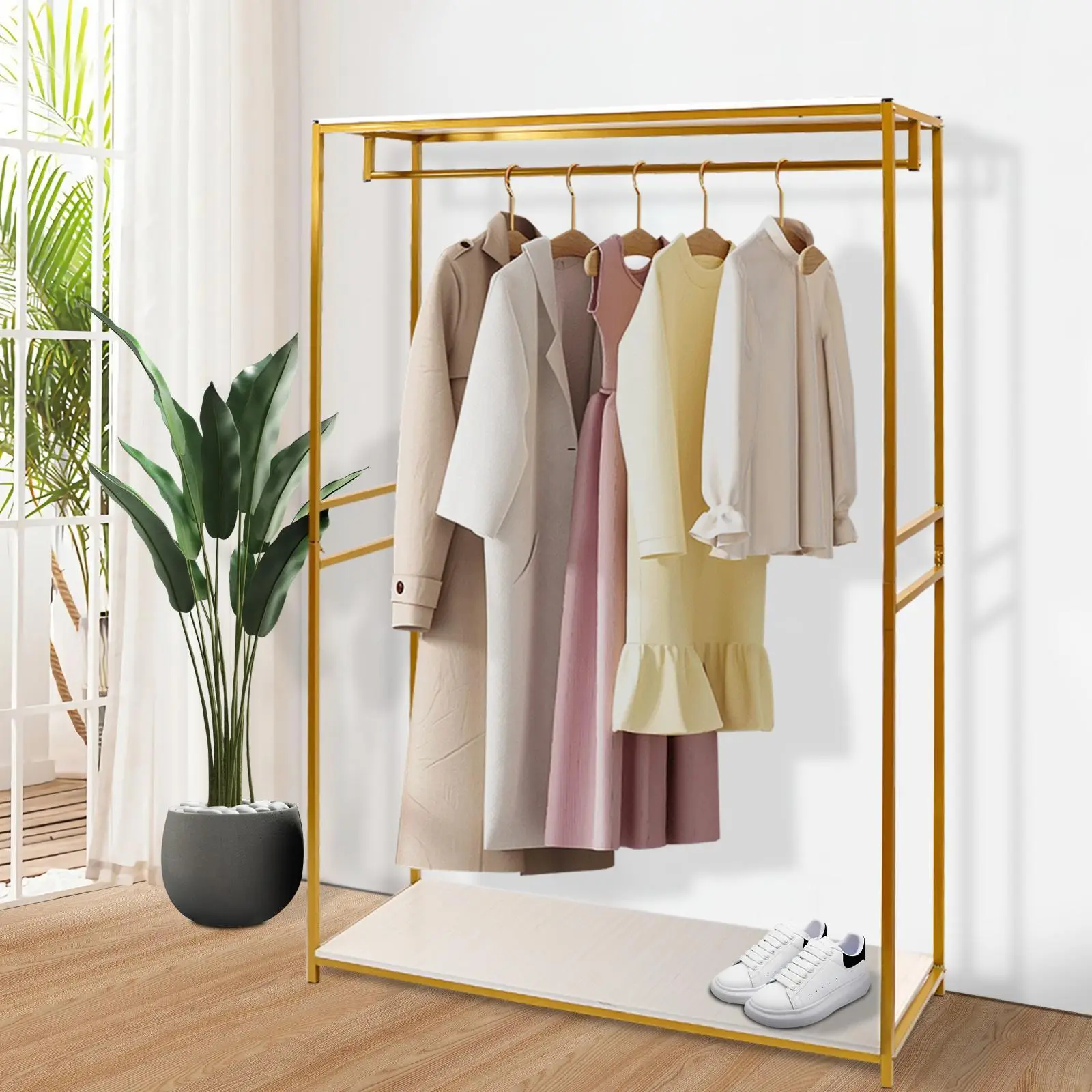 Gold Metal Wood Rectangle Garment Rack, Rustproof 120*45*190cm (74.8in) Organiser with 10kg Capacity for Wedding Dress Display, Home Organizing & Laundry Storage