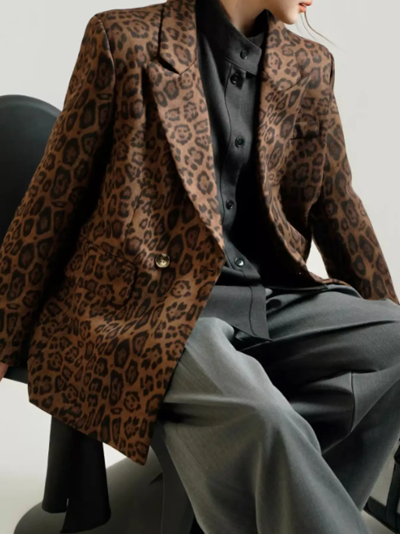 Women's Leopard Print Casual Chic Elegant Jacket, Vintage Style Long Sleeve Fitted Coat, All Seasons Daily Wear, H-Type Silhouette