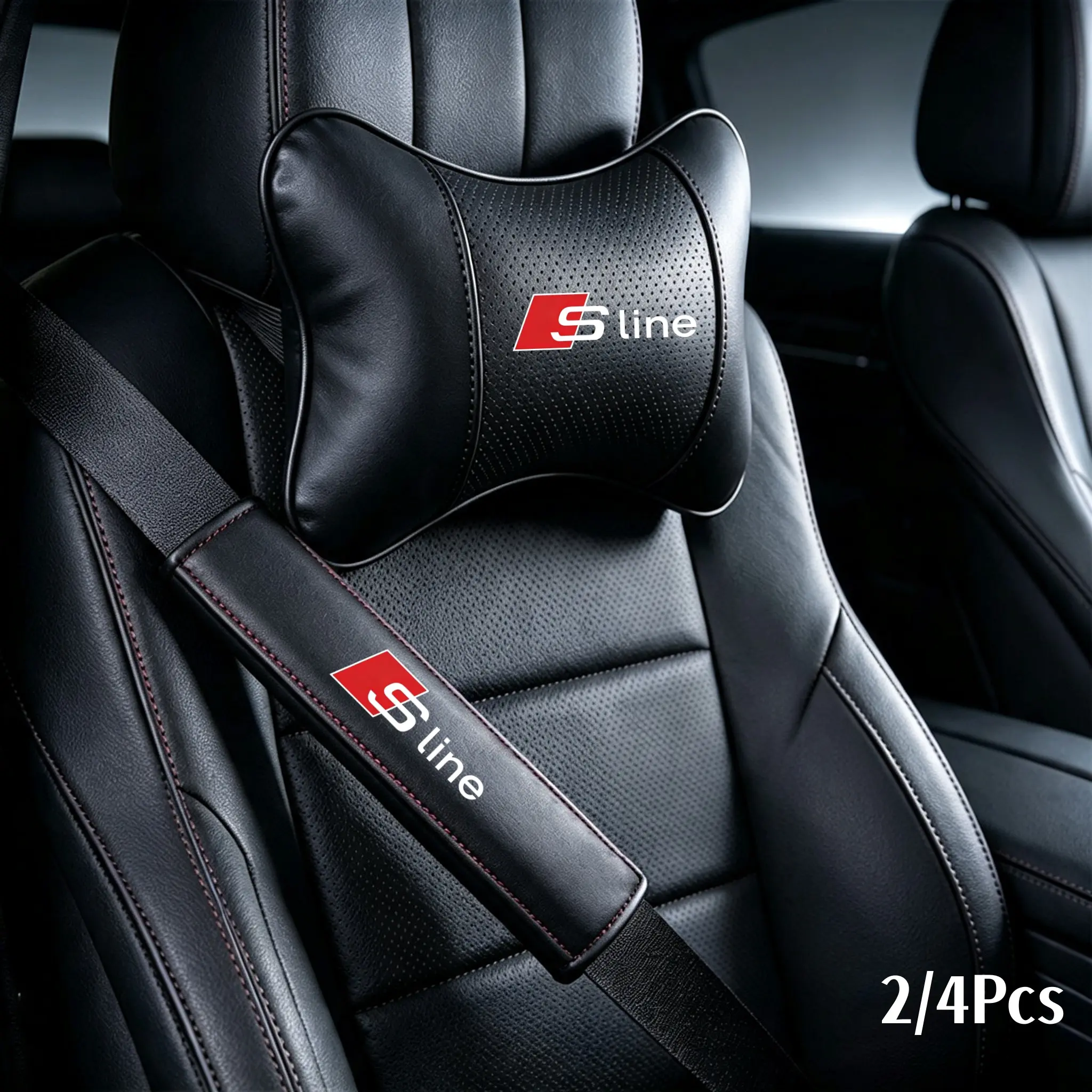 Leather Car Headrest Neck Pillow Seat Belt Shoulder Pad Car Interior Kit For Audi Q7 Q3 Q5 R8 TT S5 S6 RS Sline Quattro A4 A5 A6 Interior Accessories