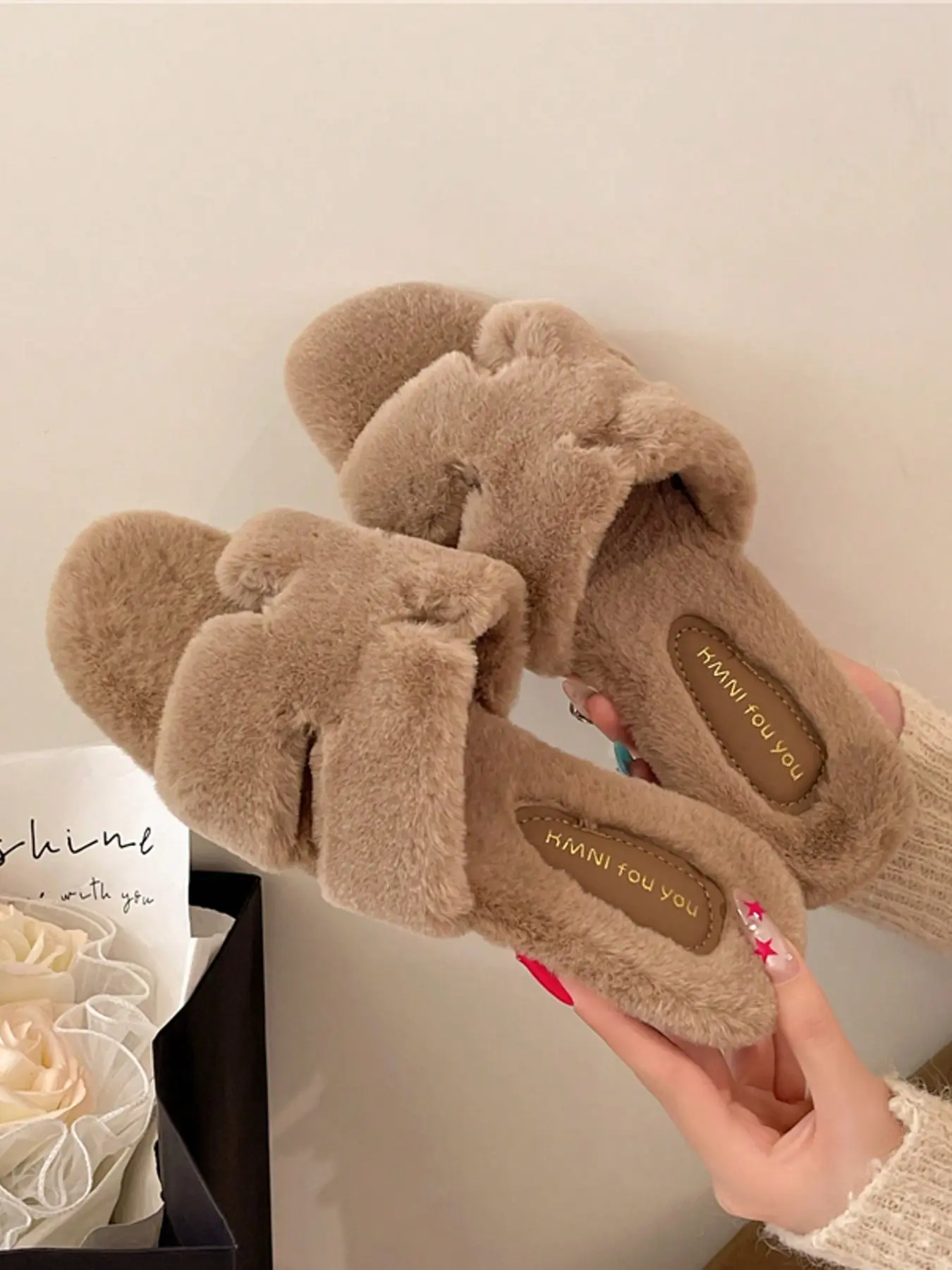 Women's Camel Color Flat Toe Slip-On Home Slippers, Cozy Plush Low Heel Sandals, Lightweight Warm Indoor Outdoor Shoes, Fall Winter New Arrival