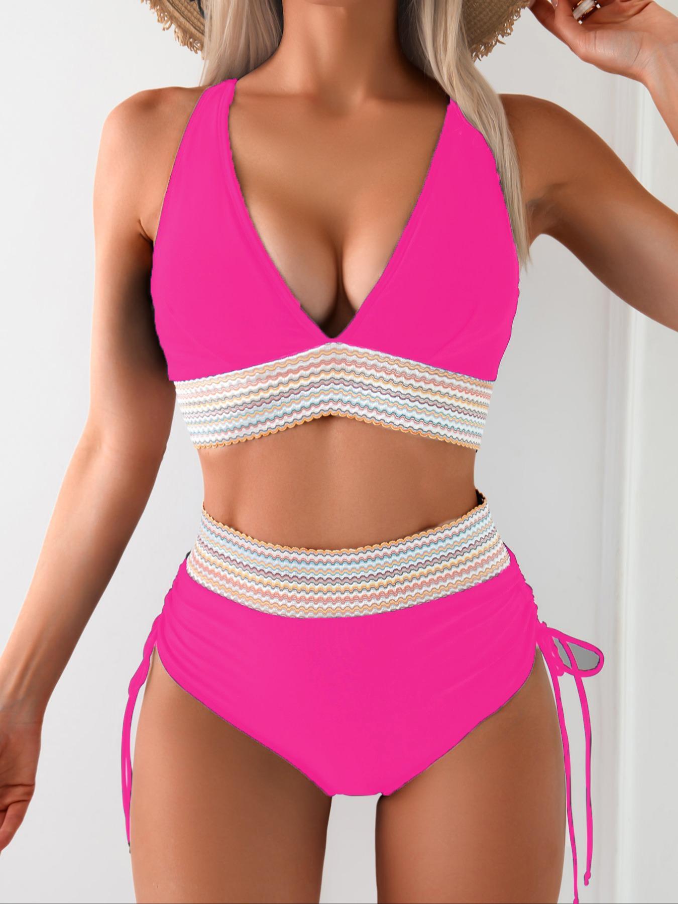 Two-piece Set Women's Colorblock  Bikini Set, Casual Fashion Chic Swim Top & Swim Bottom  Set for Beach Holiday Vacation, Ladies Swimwear for All Seasons, Sea Fancy Swimsuits