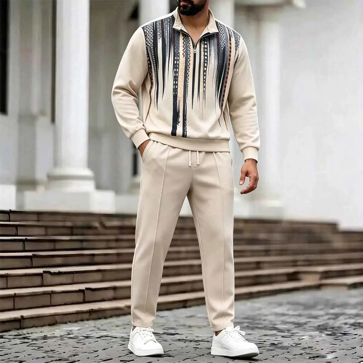 Men's 2-Piece Beige Abstract Vertical Striped Polyester Blend Tracksuit - Fitted Cut Half-Zip Stand Collar Long-Sleeve Pullover, Straight Drawstring Trousers for Casual Daily Street Wear