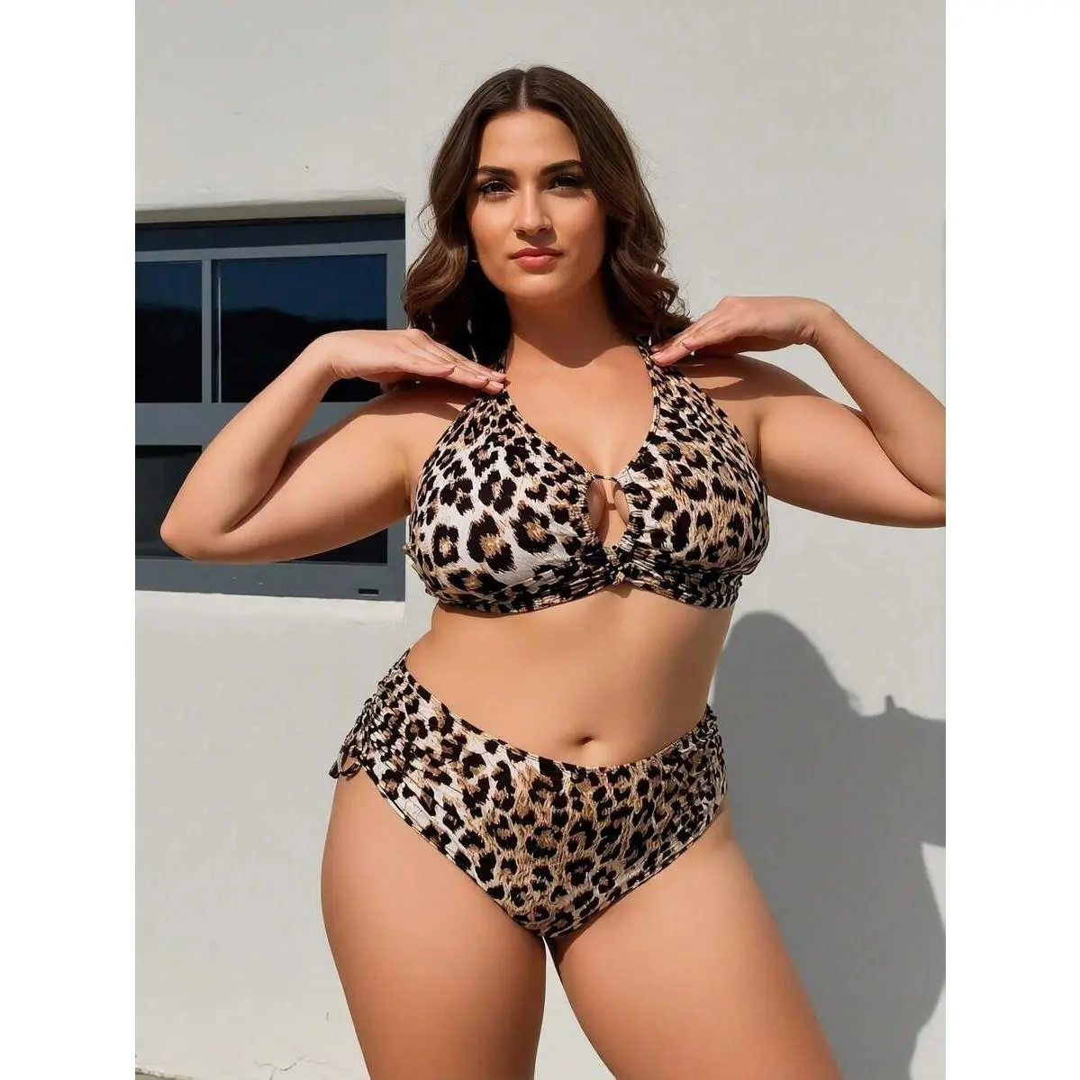 Plus Size Bikini Set in Textured Leopard Print Knit Fabric, Backless Halter V-Wire 2-Piece Swimsuit with High Waist Bottoms for Swimming, Machine Wash, Two-Pieces